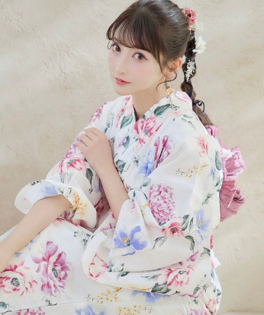 Sugar 浴衣　白地×ボタニカル牡丹浴衣　3点セット