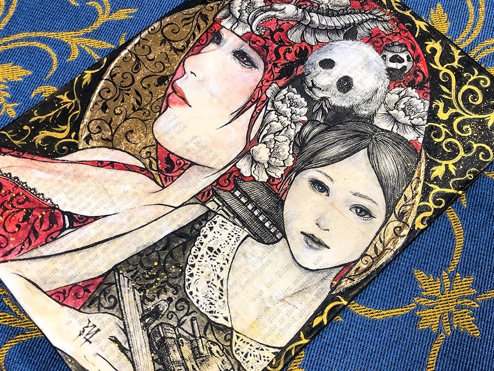 手描き絵画「広場の出来事」日本画　オリジナル　原画