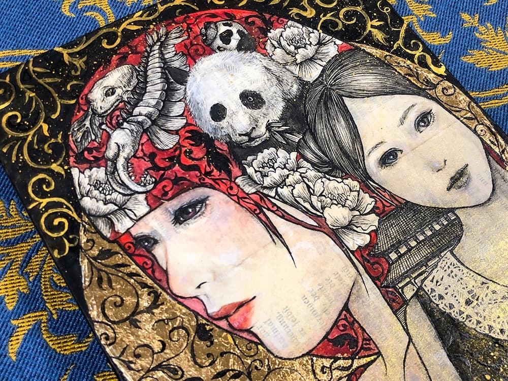 手描き絵画「広場の出来事」日本画　オリジナル　原画