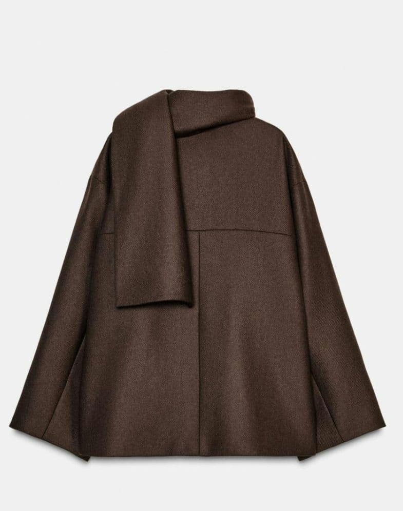 【新品】ZARA ウール ショートスカーフコートブラウン（XS）