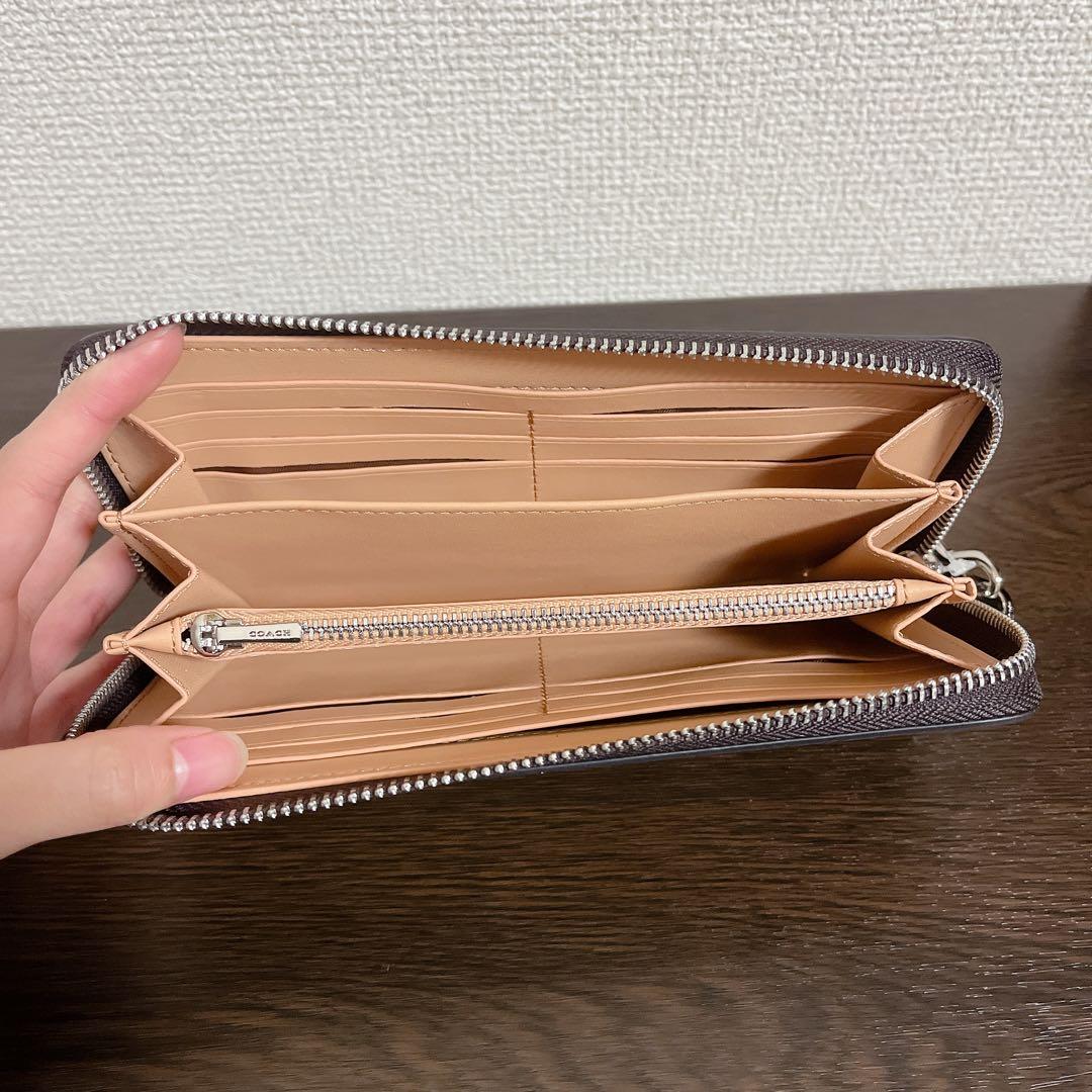 COACH 長財布　ブラウン　ストラップ付き　シグネチャー　ホワイト