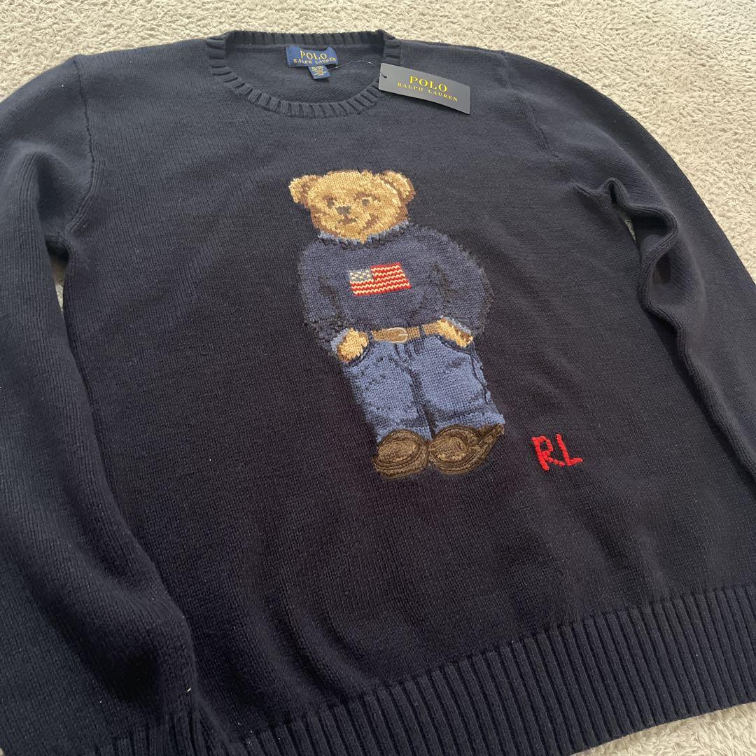 【新品】ラルフローレン クマ刺繍セーター ネイビー ポロベア 星条旗
