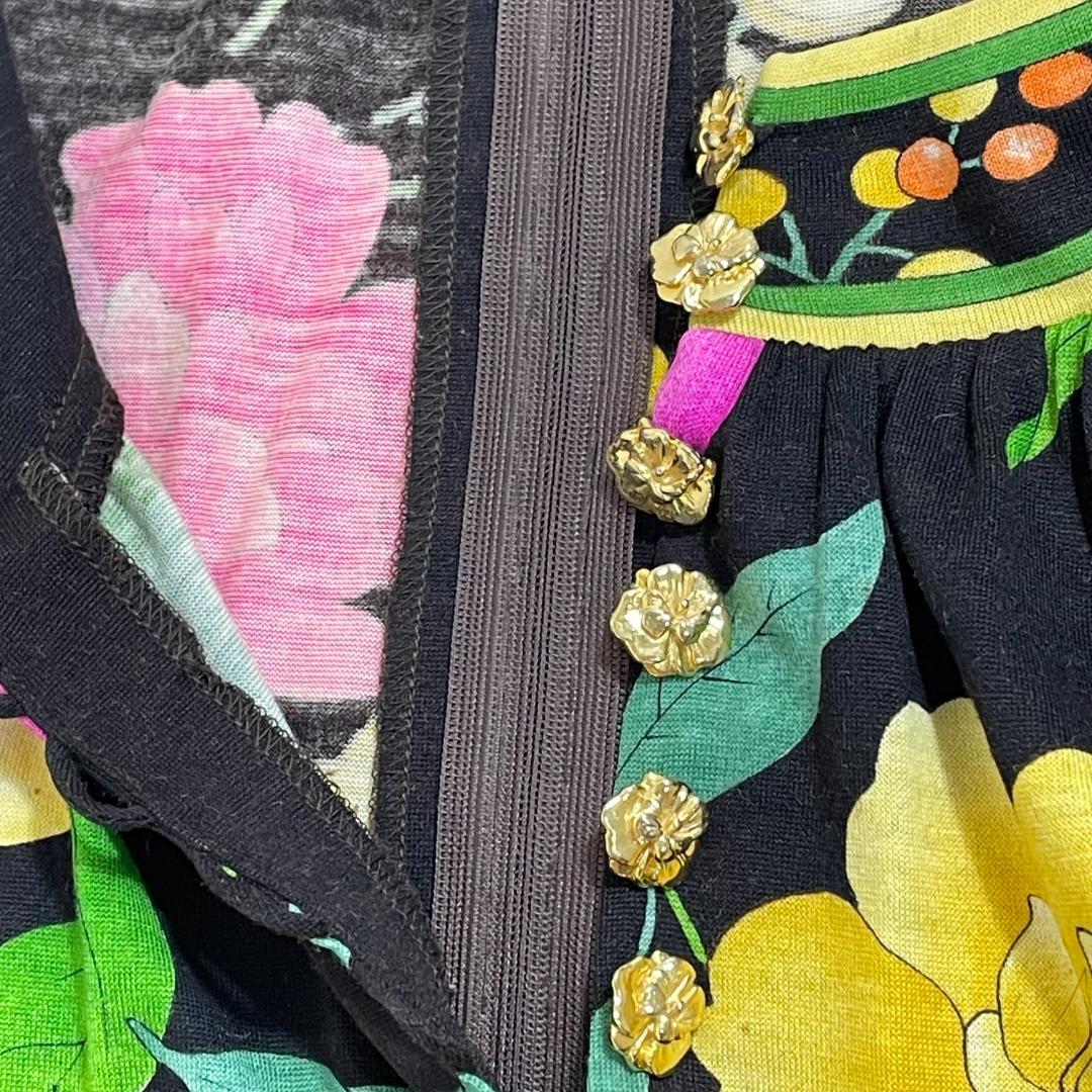 レオナール ロングワンピース 花柄 トリム ベルト付き 長袖ミディドレス L