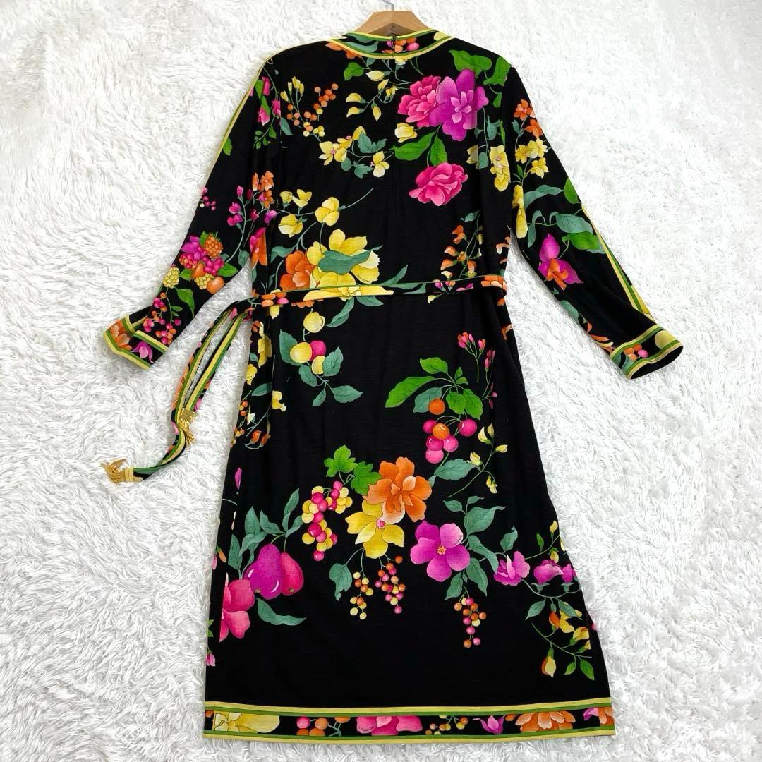 レオナール ロングワンピース 花柄 トリム ベルト付き 長袖ミディドレス L