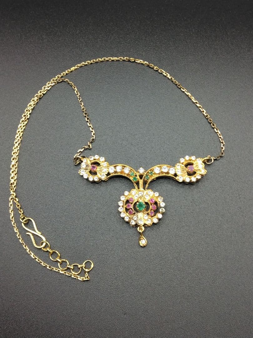 【伝統工芸】インド ダイヤ エメラルド ルビー ゴールドネックレス