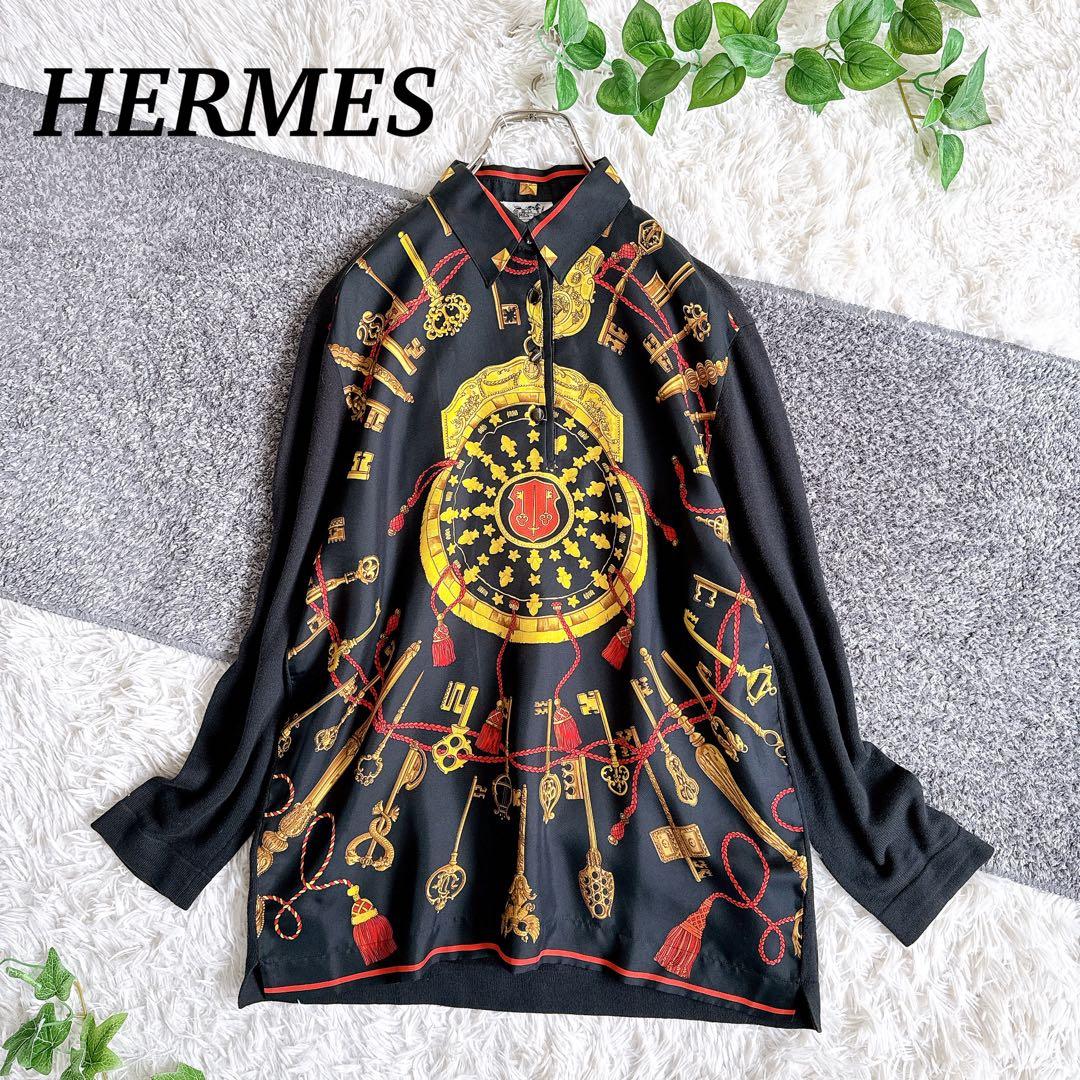オールド　エルメス　長袖ポロシャツ　カシミヤ　スカーフ柄　バロック　シルク　M