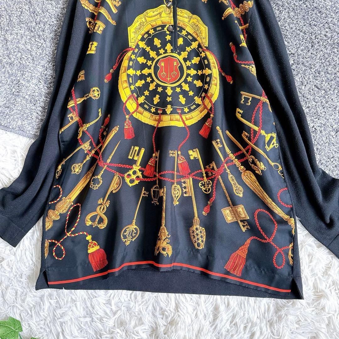 オールド　エルメス　長袖ポロシャツ　カシミヤ　スカーフ柄　バロック　シルク　M