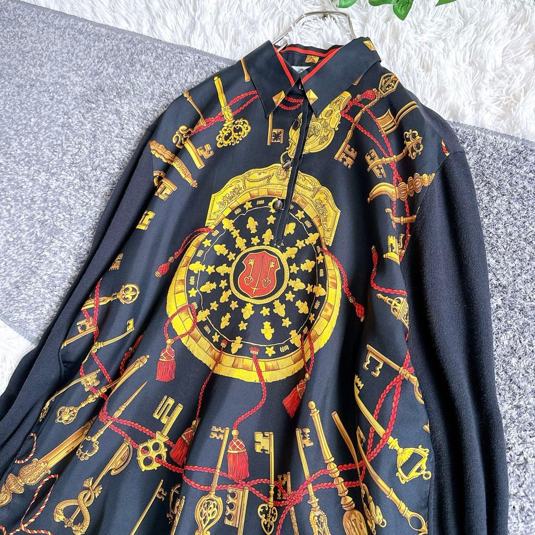 オールド　エルメス　長袖ポロシャツ　カシミヤ　スカーフ柄　バロック　シルク　M