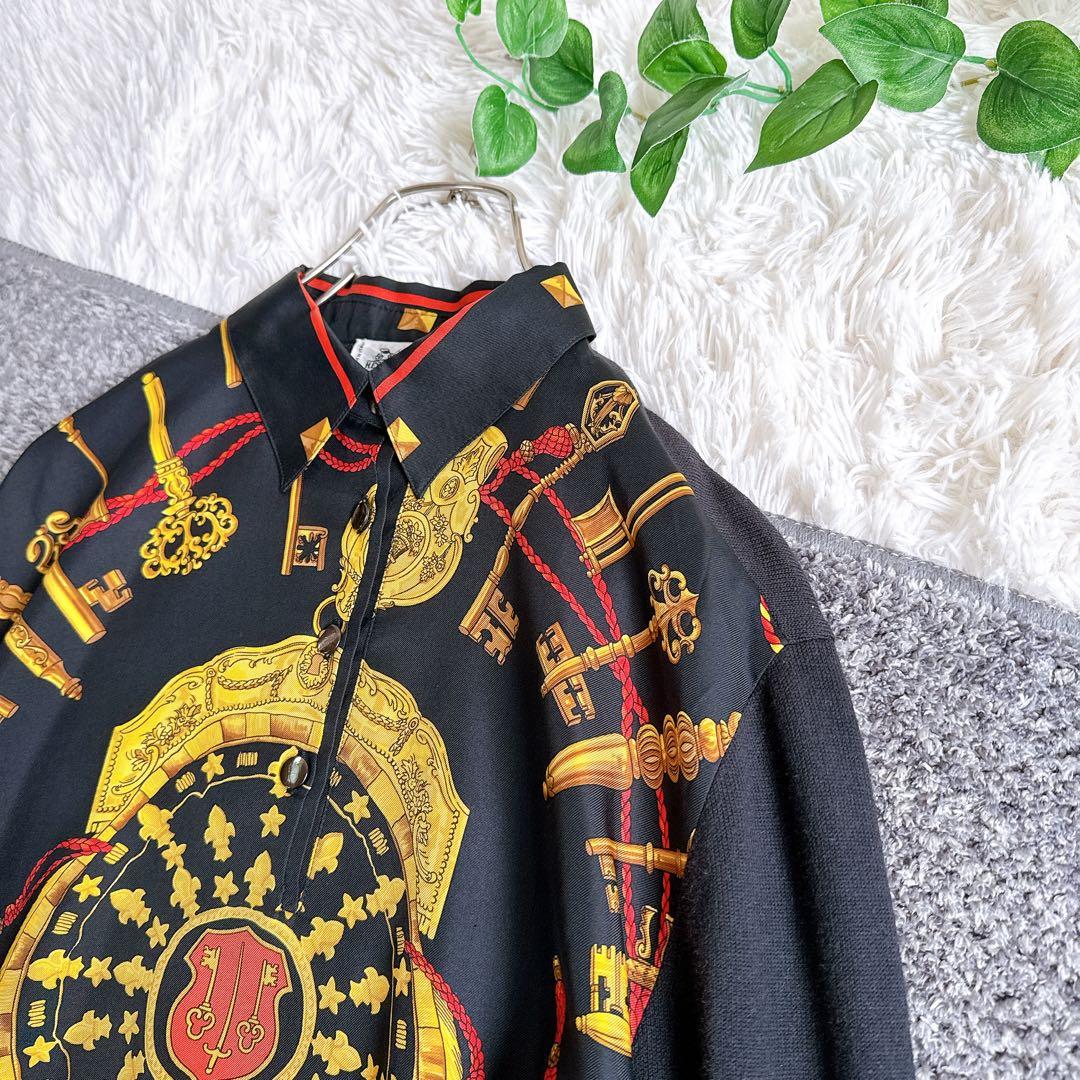 オールド　エルメス　長袖ポロシャツ　カシミヤ　スカーフ柄　バロック　シルク　M
