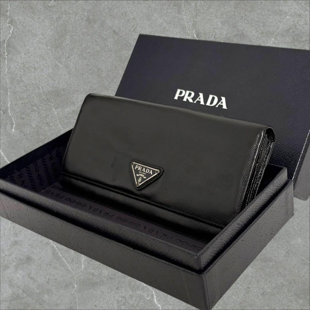 美品✨PRADA プラダ 長財布 二つ折り財布 サフィアーノ ブラック 三角