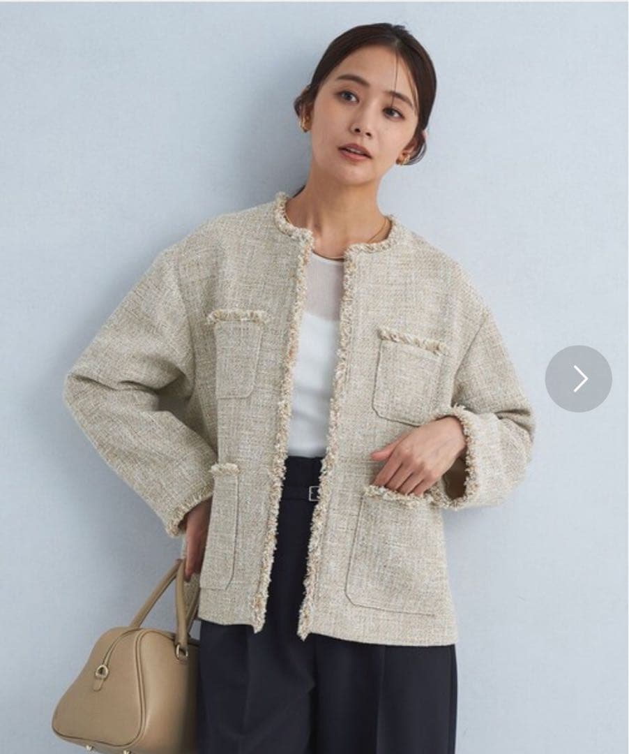 グリーンレーベルリラクシング　ミックスツイードライク ノーカラージャケット　38