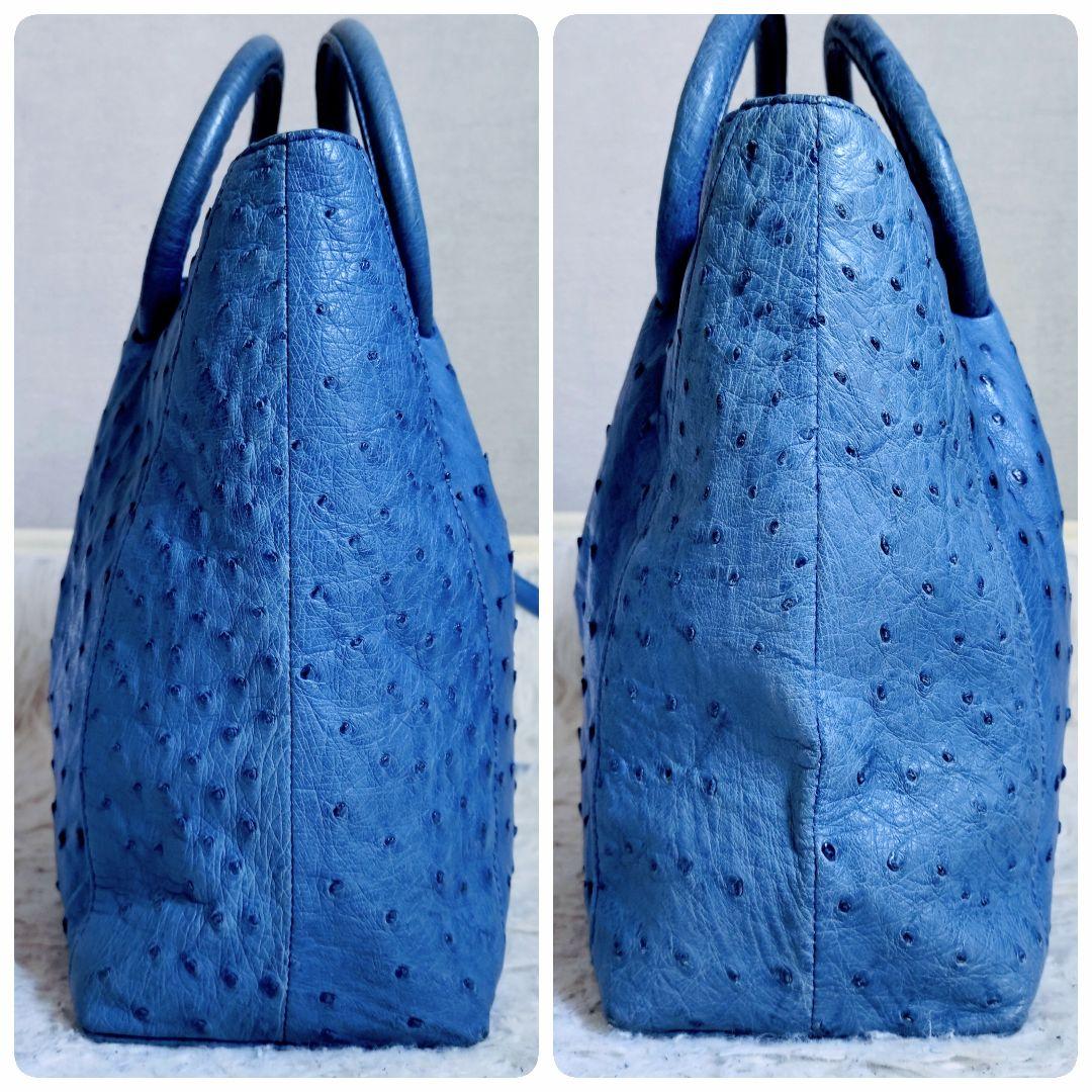 2WAY　ハンドバッグ　オーストリッチ　ブルー色　自立型　容量多