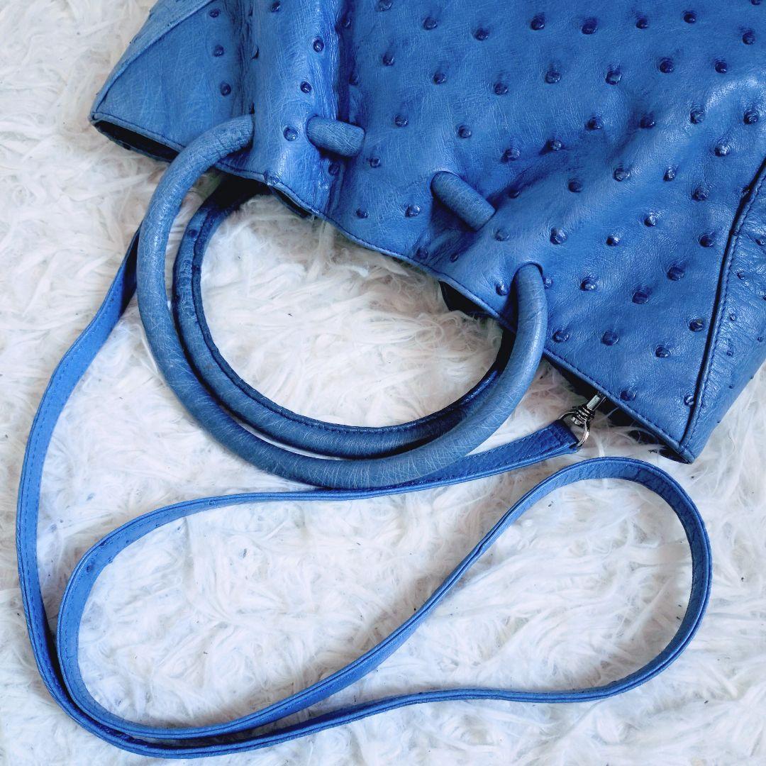 2WAY　ハンドバッグ　オーストリッチ　ブルー色　自立型　容量多