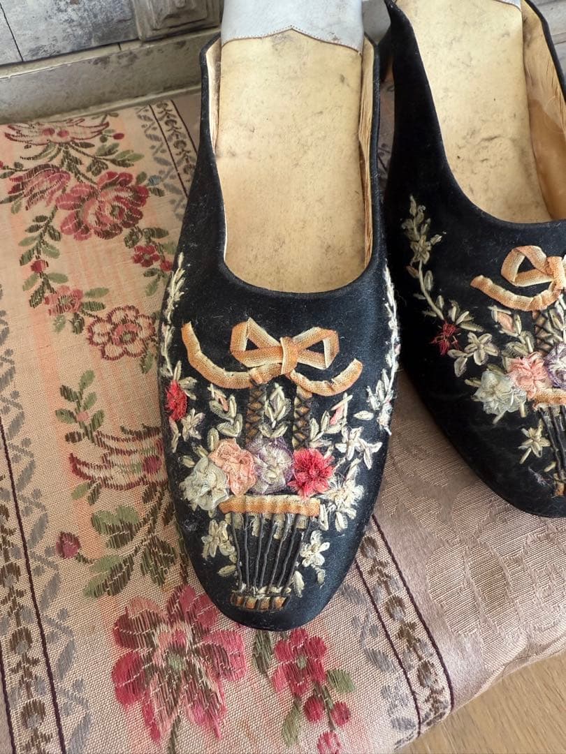 フランスアンティークヴィクトリアンリボン刺繍のソワレシューズウェディング