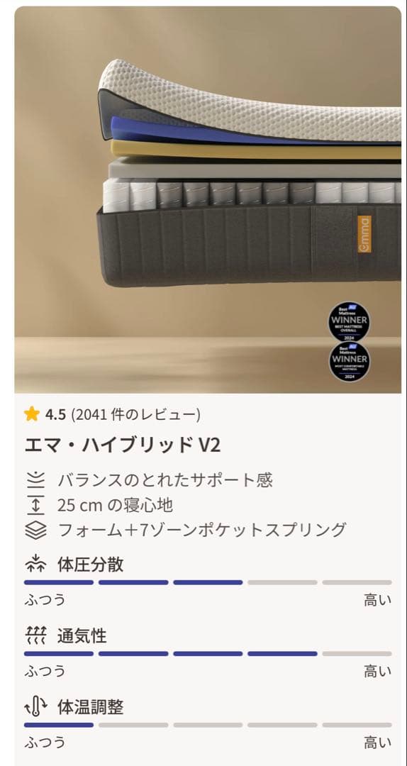 【美品】エマスリープ　マットレス V2 セミダブル　プロテクター付