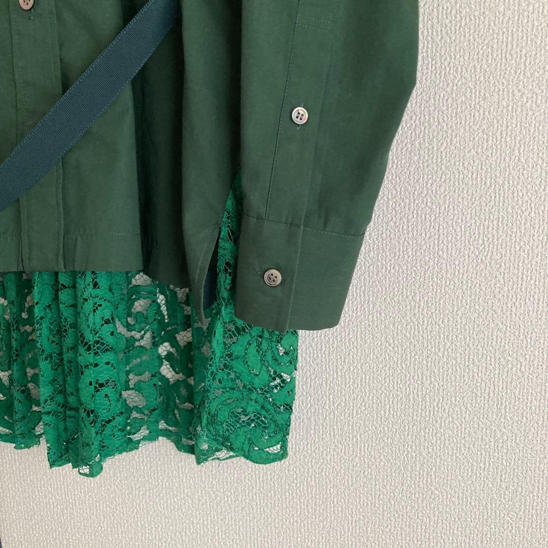 【ほぼ新品】2 M サイズ sacai ダークグリーン レース付き長袖シャツ
