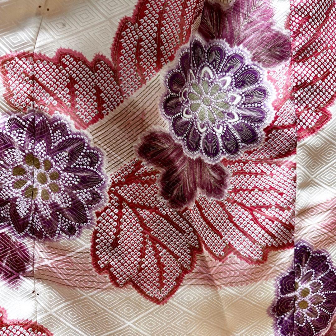 振袖　着物リメイク　ドレス　着物袖風　和柄　ワンピース　金糸花　ハンドメイド