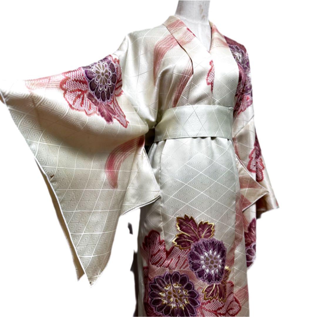 振袖　着物リメイク　ドレス　着物袖風　和柄　ワンピース　金糸花　ハンドメイド