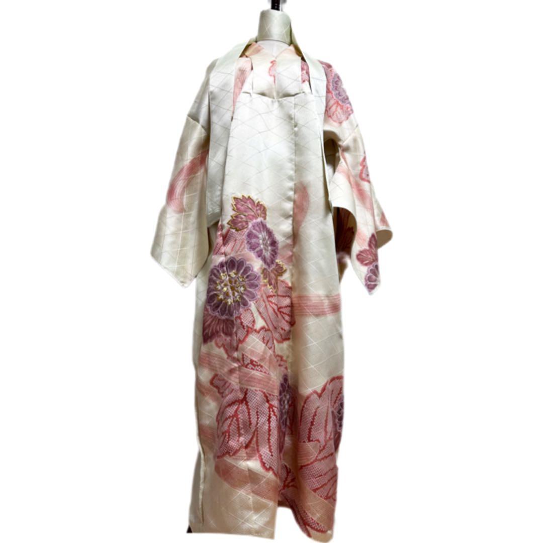 振袖　着物リメイク　ドレス　着物袖風　和柄　ワンピース　金糸花　ハンドメイド