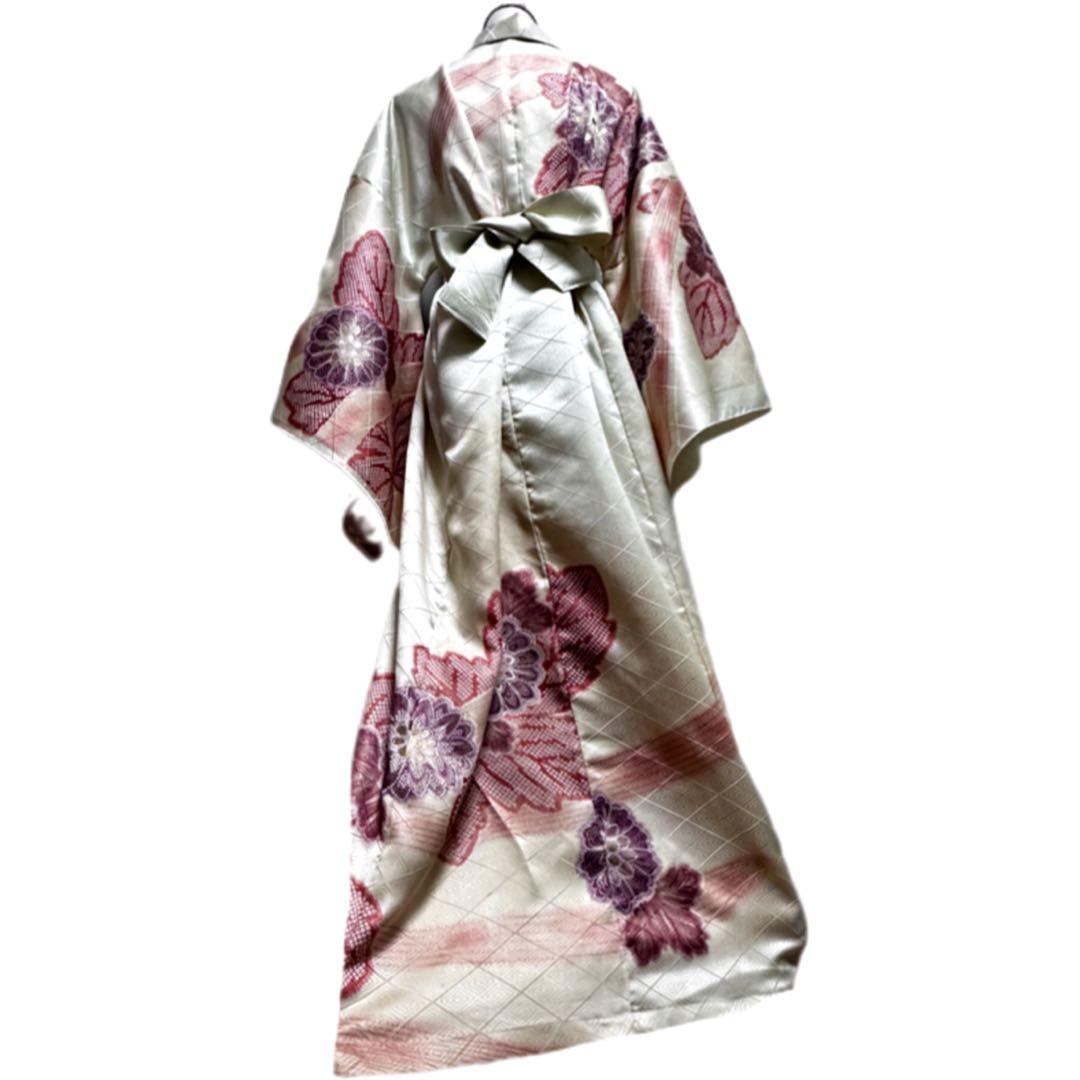 振袖　着物リメイク　ドレス　着物袖風　和柄　ワンピース　金糸花　ハンドメイド