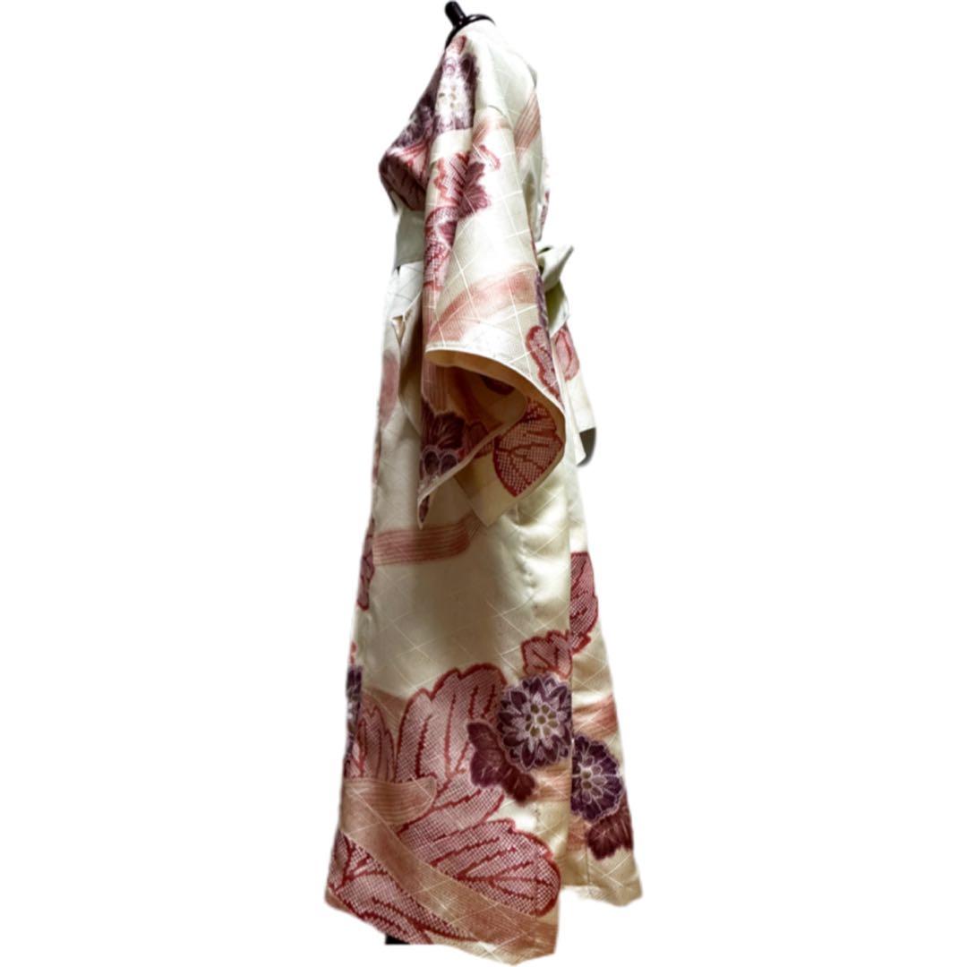 振袖　着物リメイク　ドレス　着物袖風　和柄　ワンピース　金糸花　ハンドメイド