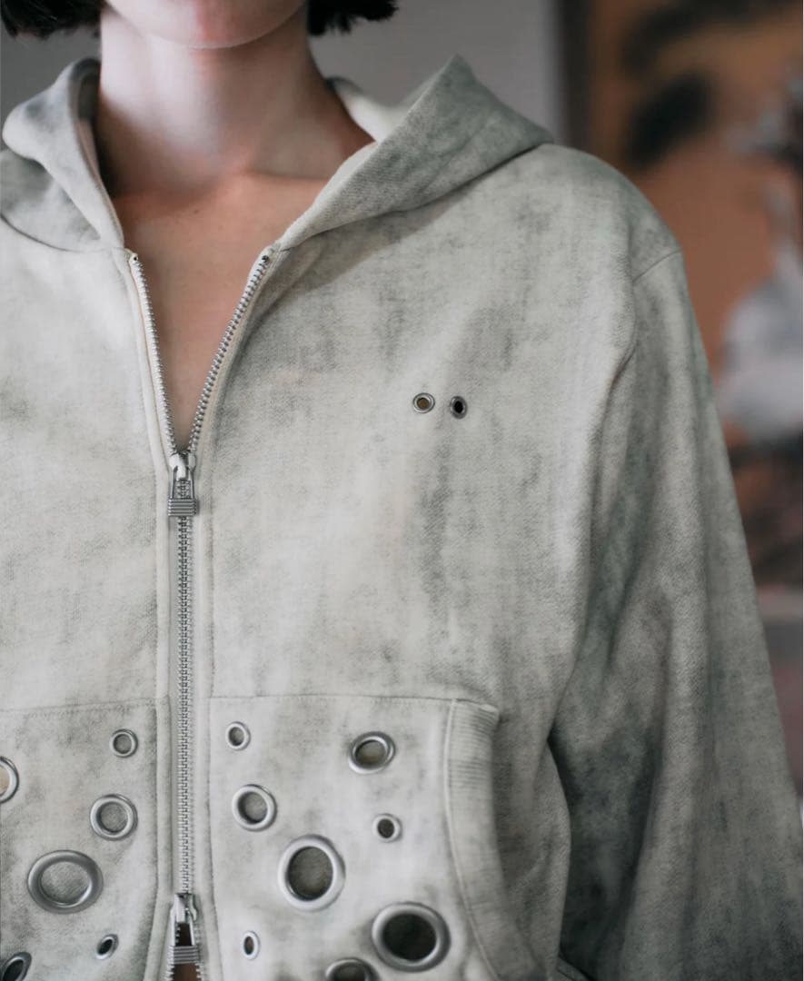 トップス tajent EYELET DESIGN ZIP UP HOODIE-IVORY