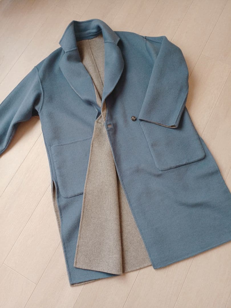 デザインワークス　グレー&ブルー　リバーシブル　ウールコート