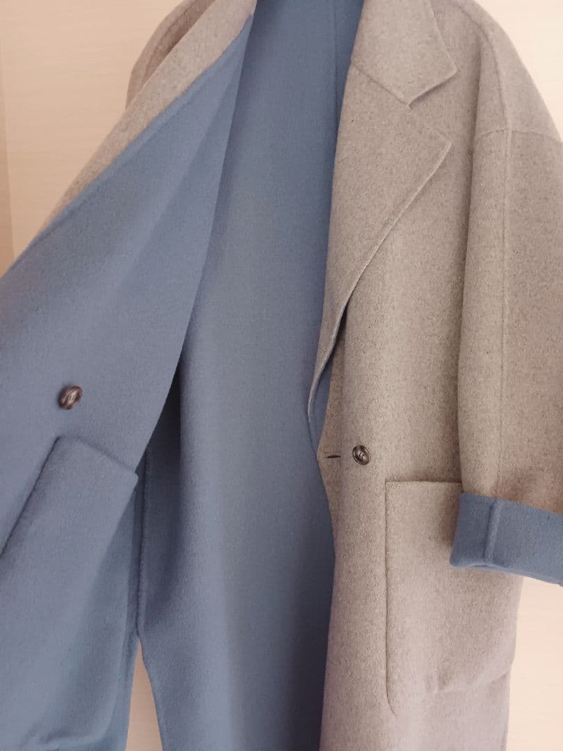 デザインワークス　グレー&ブルー　リバーシブル　ウールコート