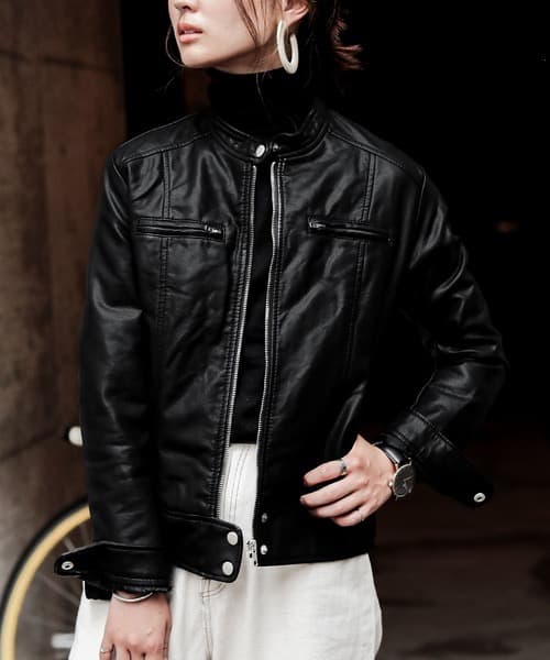 Fashion Letter レザーシングルライダースジャケット