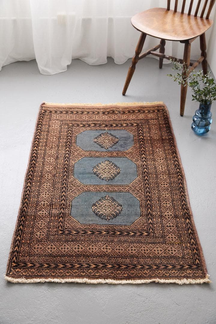 ヴィンテージラグ　トライバルラグ　ラホール産（119×76cm）青　茶　グレー