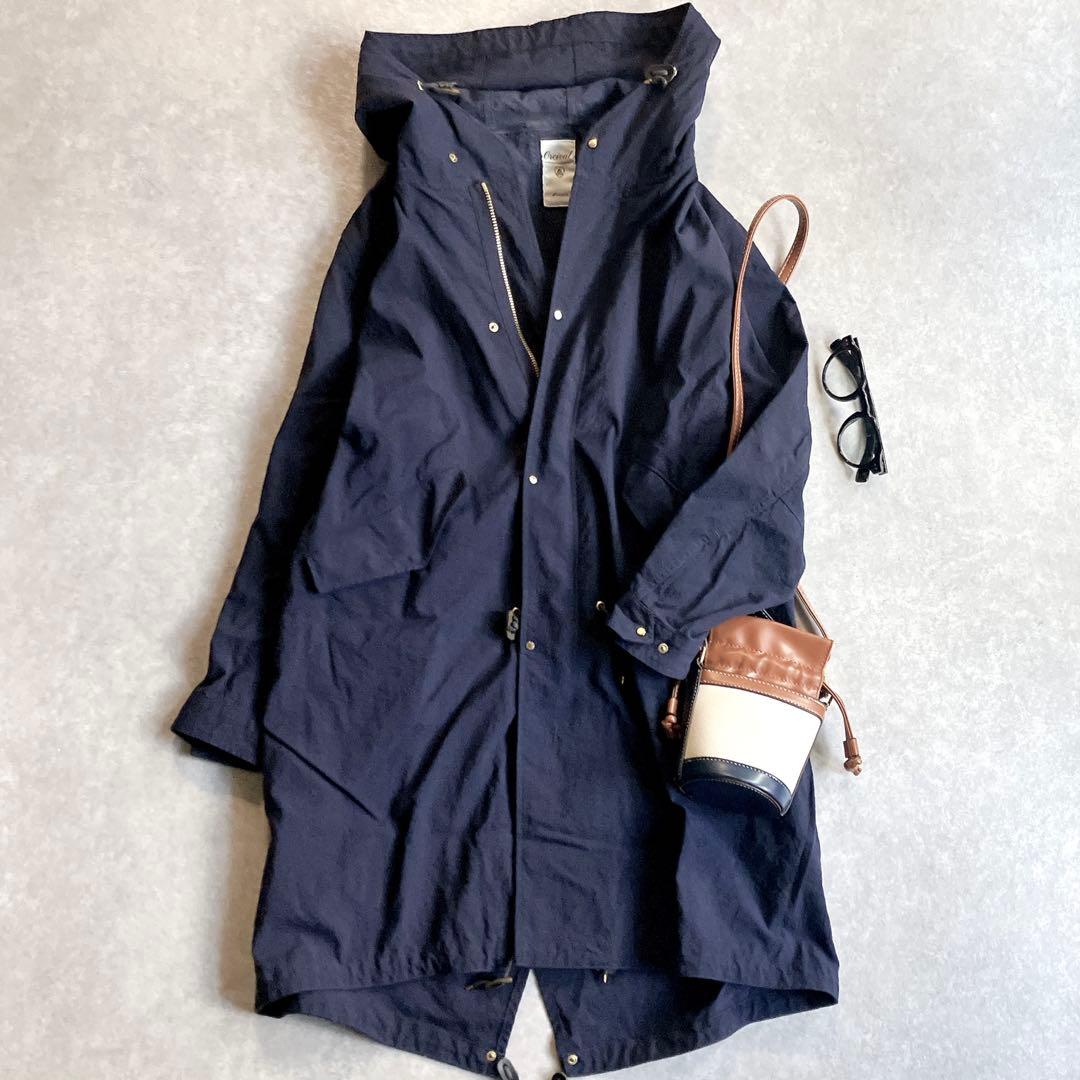 美品 オーシバル 軽量ナイロンモッズコート フードブルゾン 紺 ドローコード