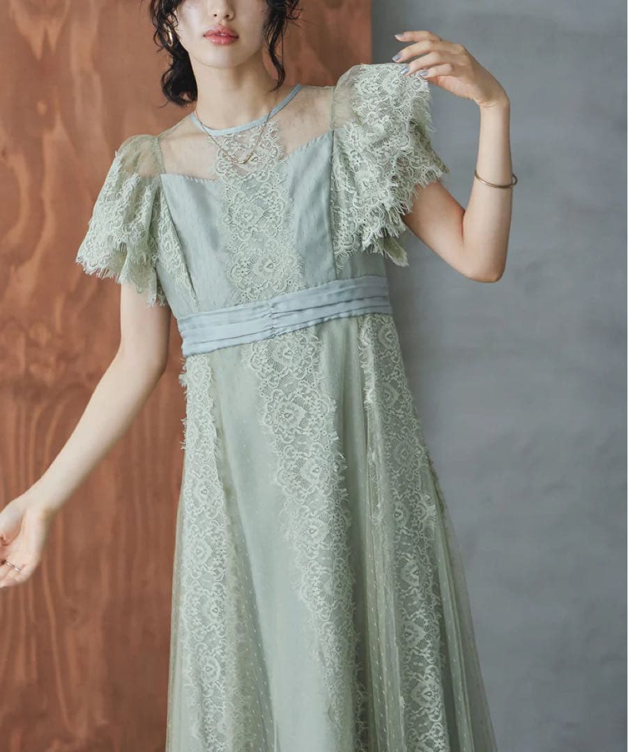 特別価格　ドットチュール×レースドレス　グリーン　穴開きあり