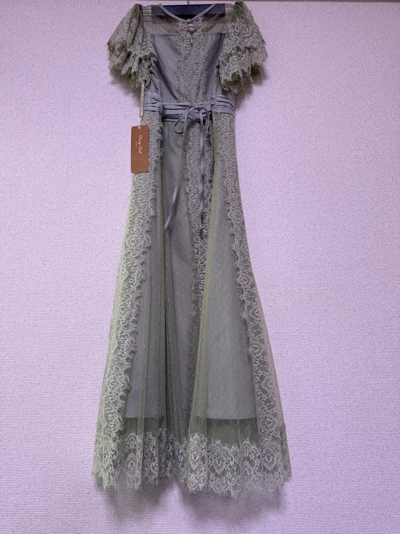 特別価格　ドットチュール×レースドレス　グリーン　穴開きあり