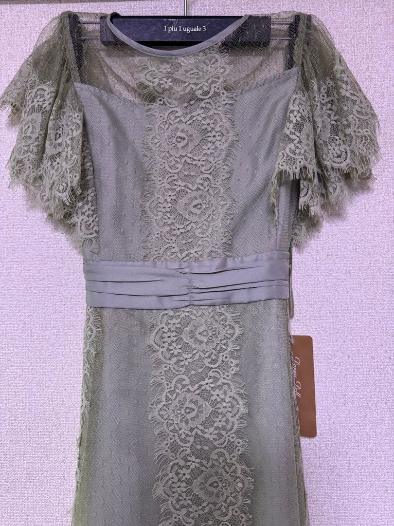 特別価格　ドットチュール×レースドレス　グリーン　穴開きあり