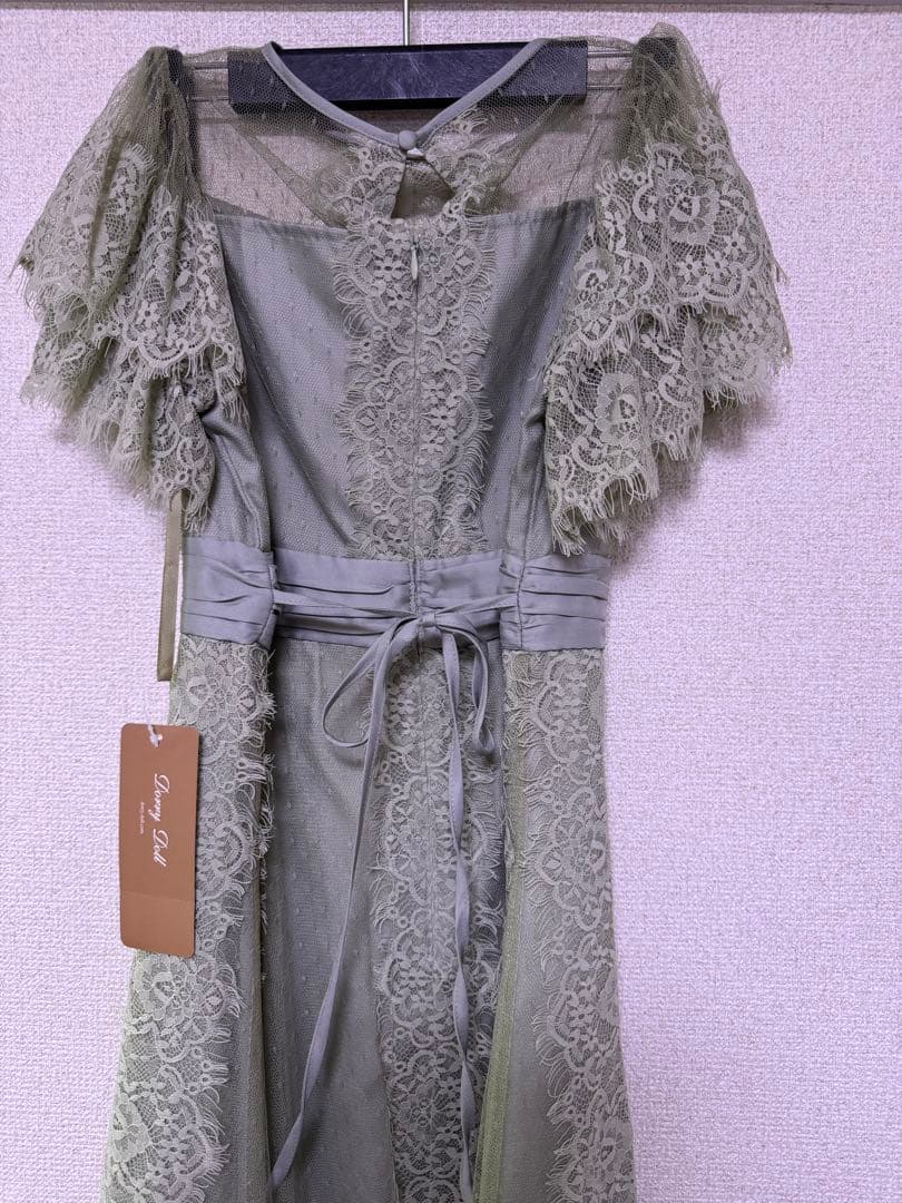 特別価格　ドットチュール×レースドレス　グリーン　穴開きあり