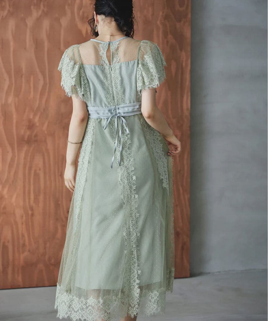 特別価格　ドットチュール×レースドレス　グリーン　穴開きあり