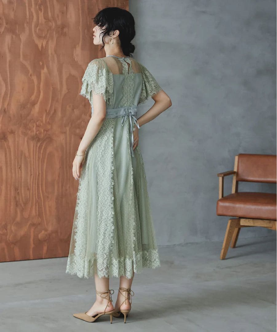 特別価格　ドットチュール×レースドレス　グリーン　穴開きあり