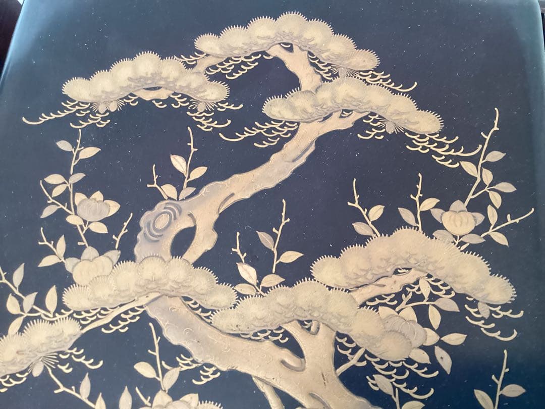 漆塗文箱 五葉松と橘花の金蒔絵　梨子漆塗　硯石・水滴付　硯箱　アンティーク　木箱