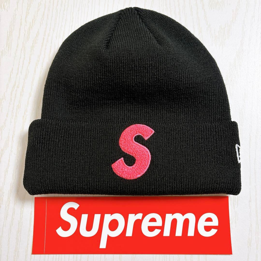 Supreme NEW ERA ニット帽　ビーニー　Sロゴ ブラック　ピンク　黒
