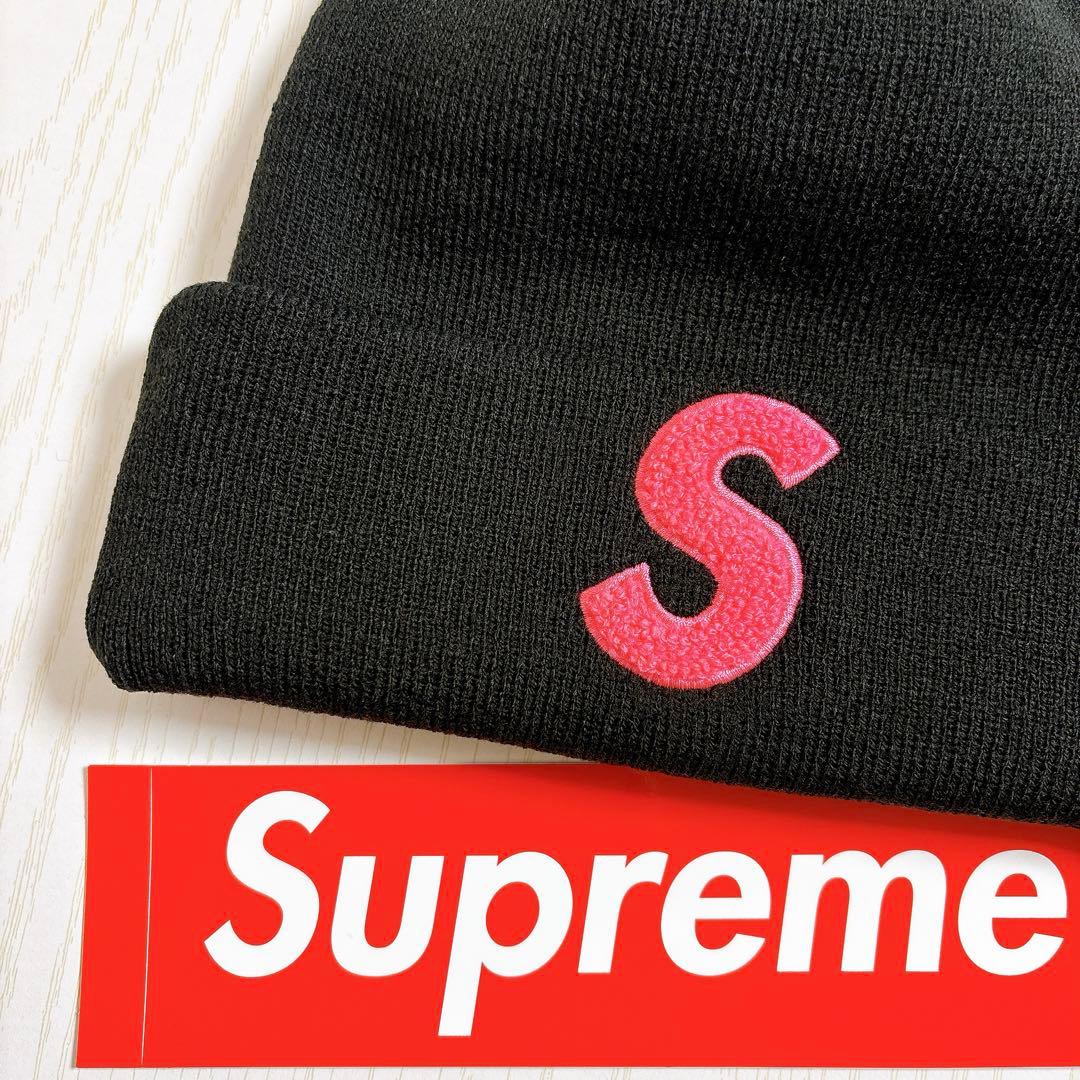 Supreme NEW ERA ニット帽　ビーニー　Sロゴ ブラック　ピンク　黒