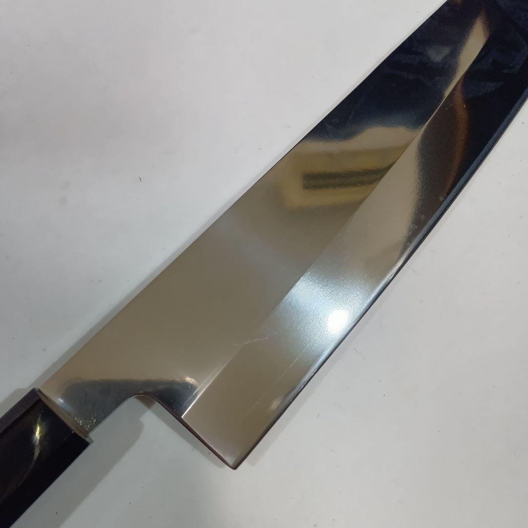 ステン本焼V金10号切付牛刀包丁27cm右片刃 鏡面 黒水牛黒檀八角柄