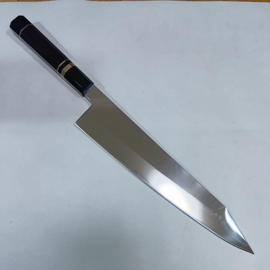 ステン本焼V金10号切付牛刀包丁27cm右片刃 鏡面 黒水牛黒檀八角柄
