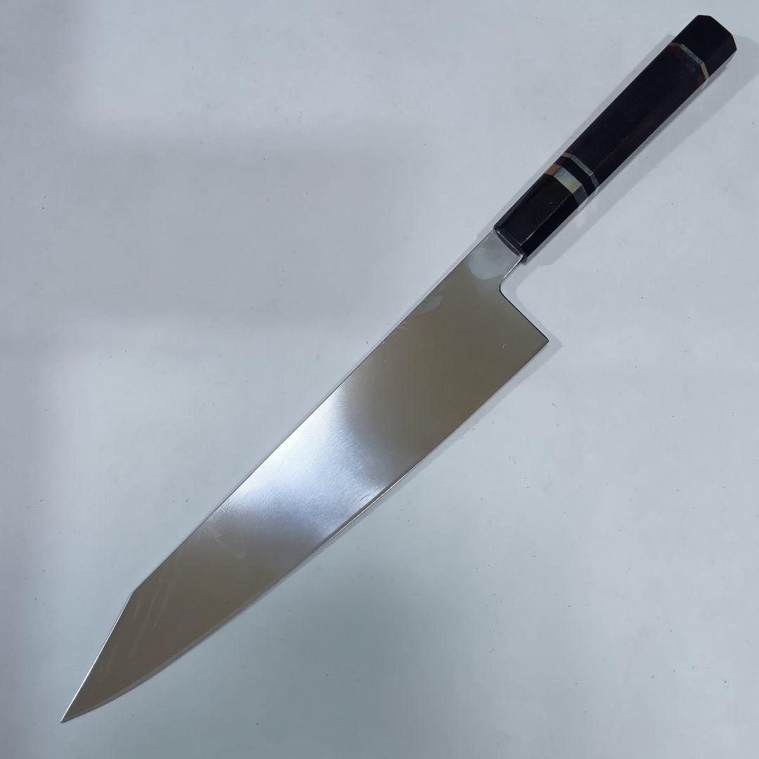 ステン本焼V金10号切付牛刀包丁27cm右片刃 鏡面 黒水牛黒檀八角柄