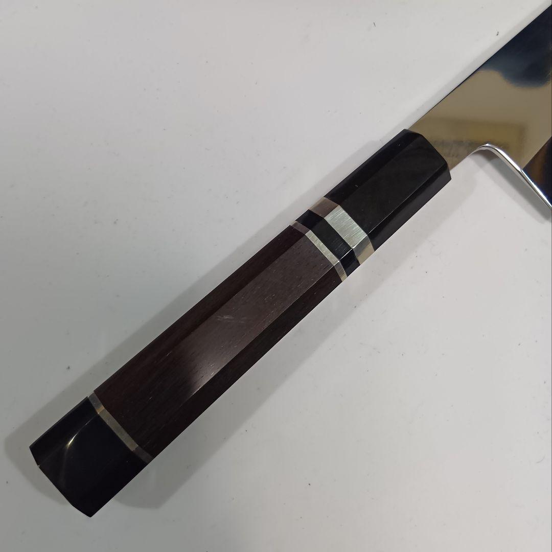 ステン本焼V金10号切付牛刀包丁27cm右片刃 鏡面 黒水牛黒檀八角柄