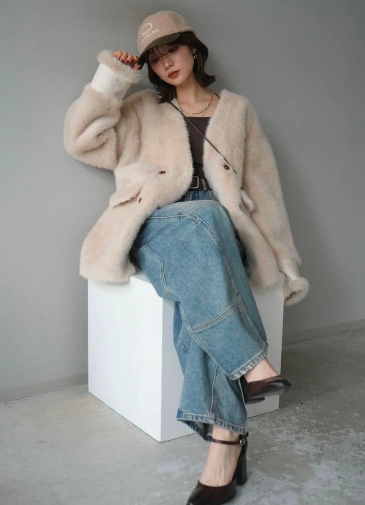 新品未使用品☆Lumierバッグ付エコファーノーカラーコート/beige