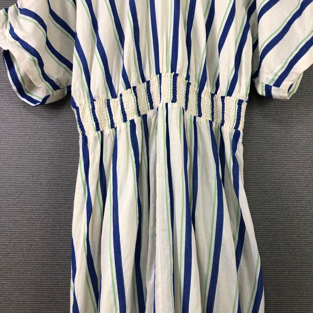 ヌキテパ コットンボイル ストライプ ウエストギャザードレス S ベージュ