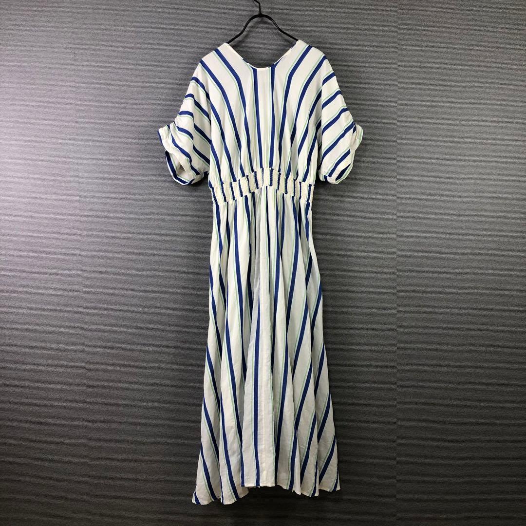 ヌキテパ コットンボイル ストライプ ウエストギャザードレス S ベージュ