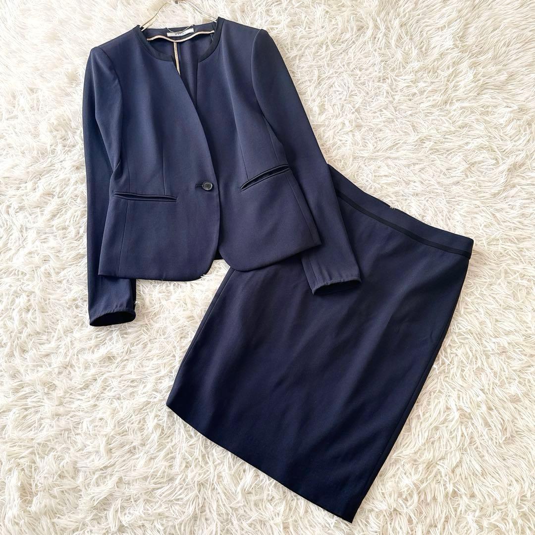 ベイジ CINDY✨ノーカラージャケット セットアップ バイカラー 紺 2