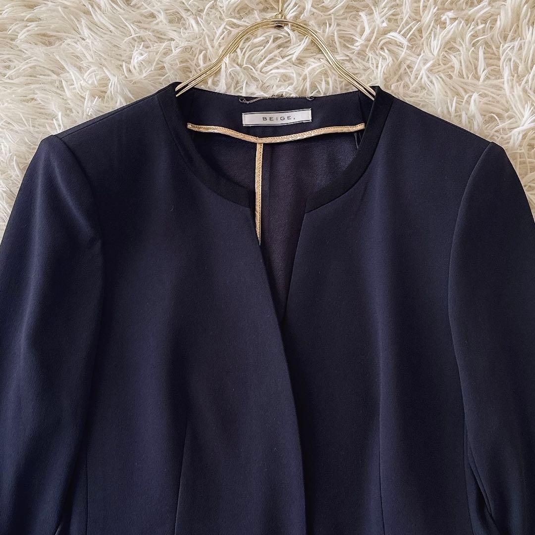ベイジ CINDY✨ノーカラージャケット セットアップ バイカラー 紺 2