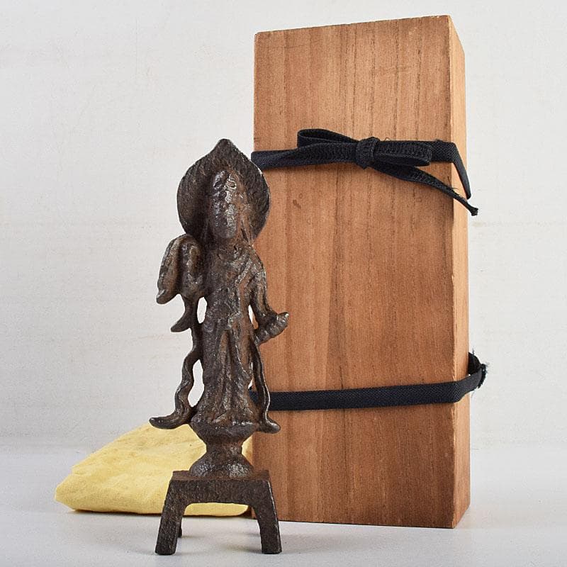 仏教美術　古鉄　観音菩薩像　仏像　置物　時代箱付　M　R9417